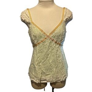 Tara Jarmon Lace Top with Green Lining and Cap sleeves Size 8